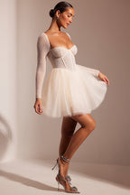 Chic Embellished Long Sleeve Tulle Skirt Mini Dress in Ivory