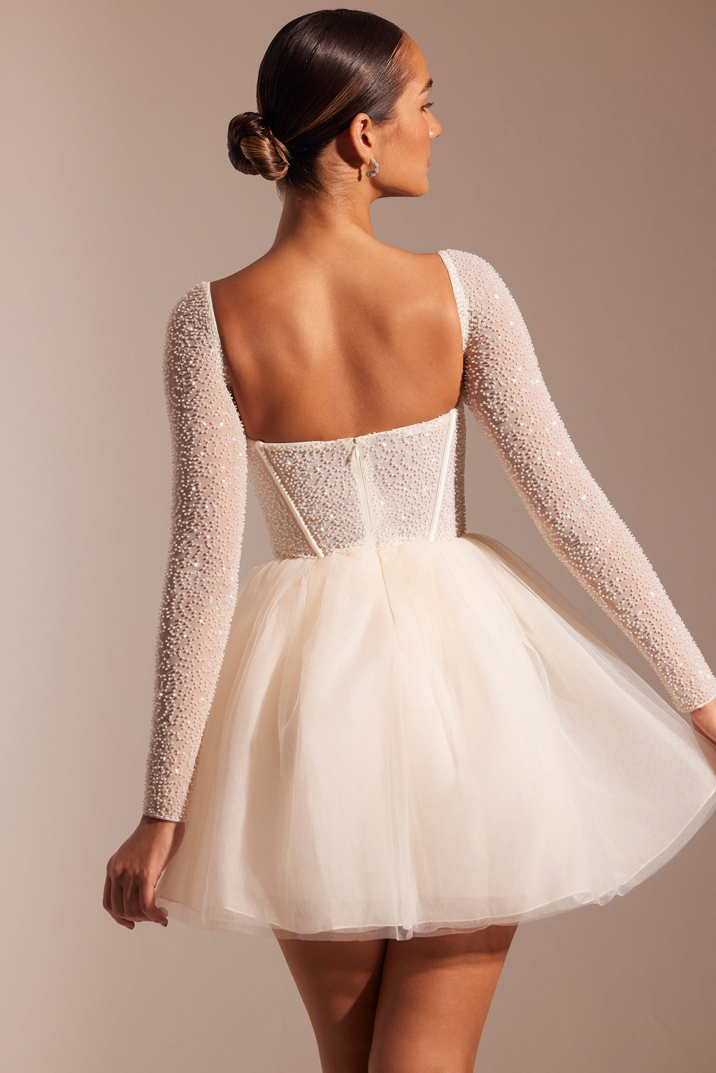 Chic Embellished Long Sleeve Tulle Skirt Mini Dress in Ivory