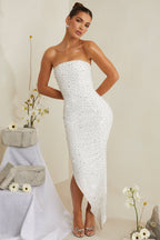 Chic Hand Embellished Asymmetric Midi Dress in White
