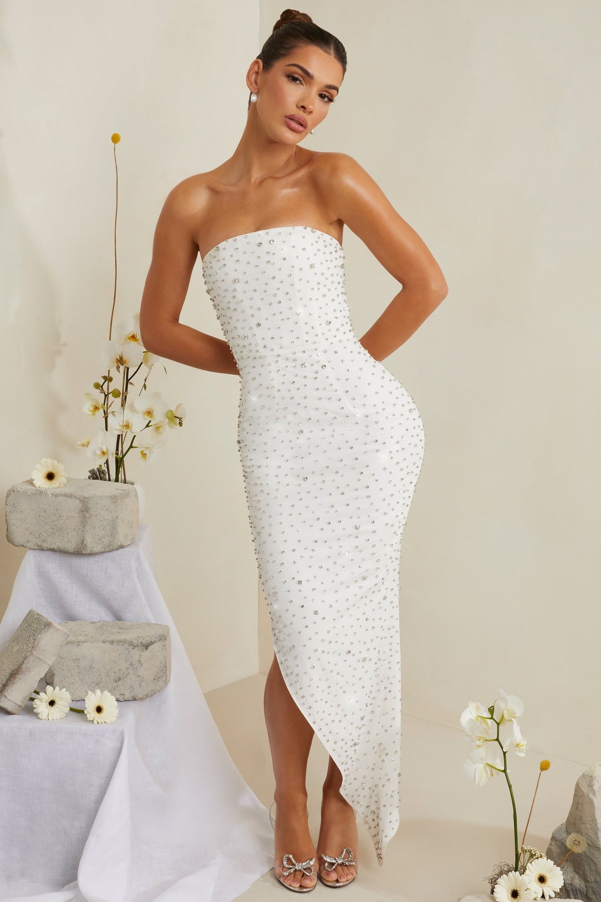 Chic Hand Embellished Asymmetric Midi Dress in White