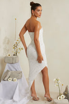 Chic Hand Embellished Asymmetric Midi Dress in White