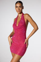 Chic Embellished Extreme Cowl Neck Halter Mini Dress in Hot Pink