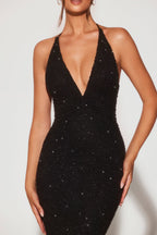 Chic Embellished Plunge Halter Neck Evening Gown in Black