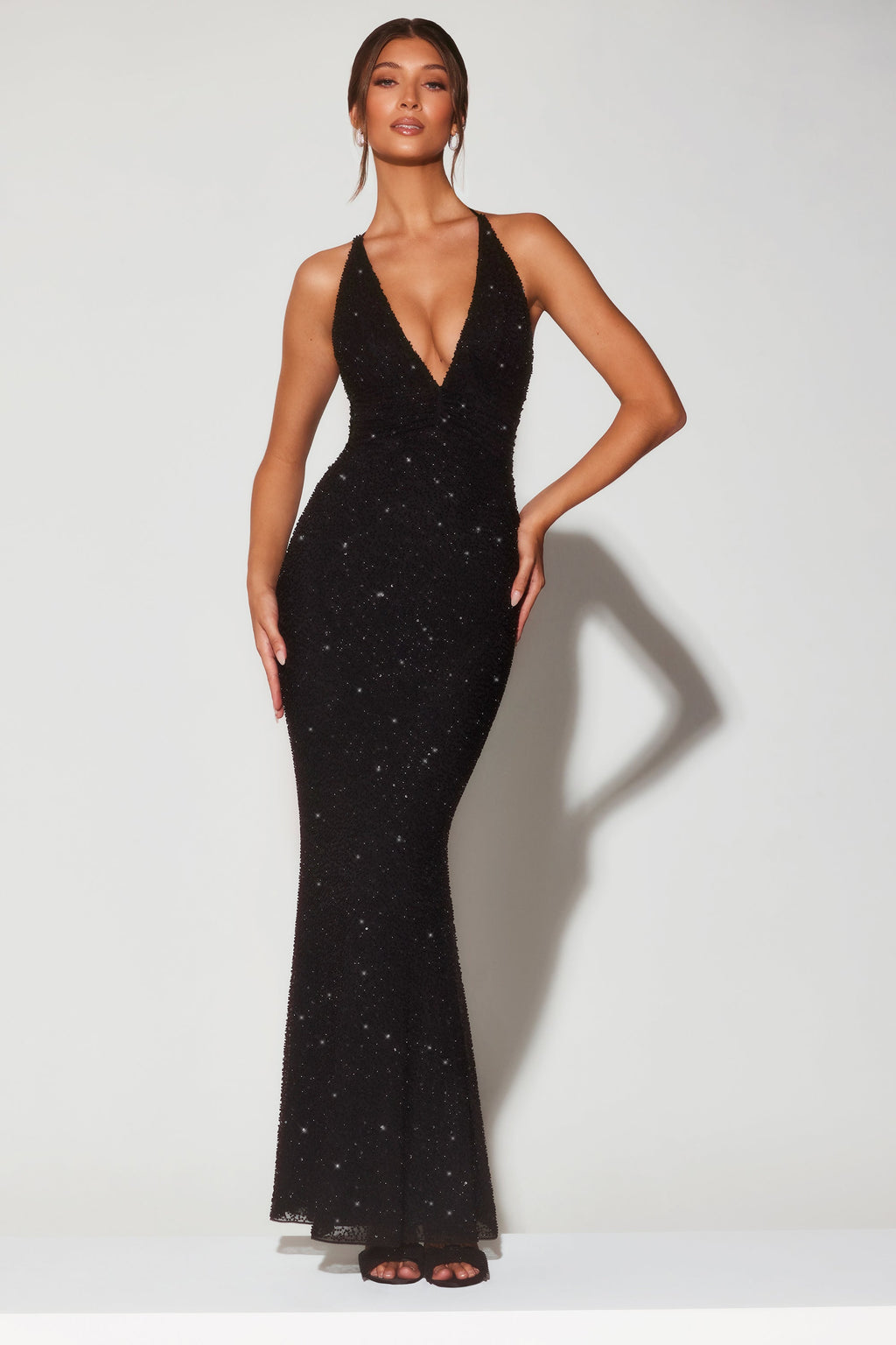 Chic Embellished Plunge Halter Neck Evening Gown in Black