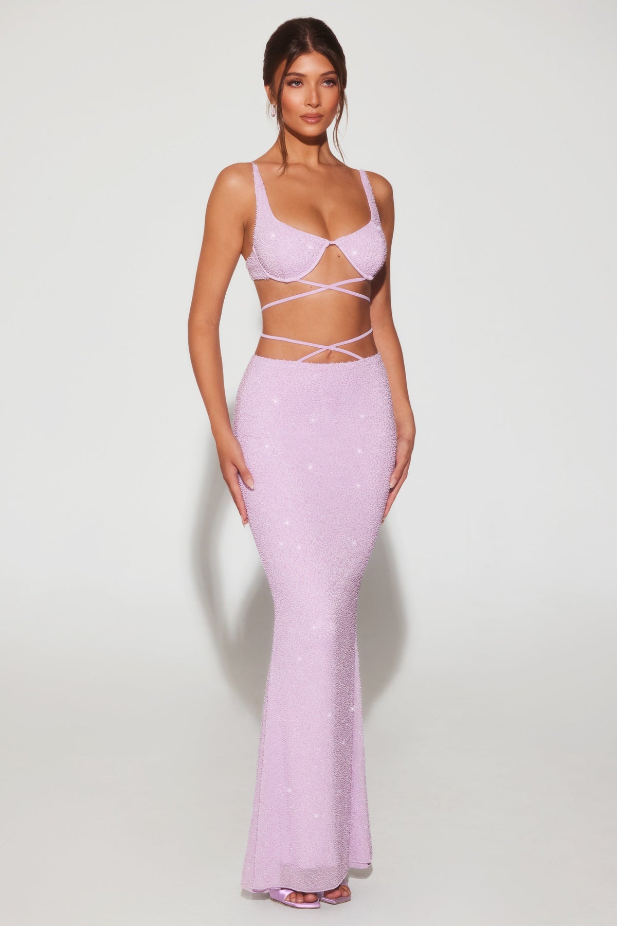 Chic Embellished Strappy Maxi Skirt in Lilac