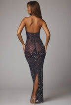 Chic Sheer Embellished High Neck Evening Gown in Navy