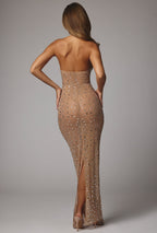 Chic Sheer Embellished High Neck Evening Gown in Almond