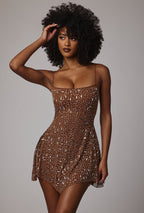 Chic Sheer Embellished Scoop Neck Mini Dress in Mocha