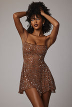 Chic Sheer Embellished Scoop Neck Mini Dress in Mocha