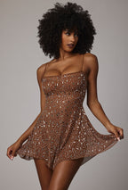 Chic Sheer Embellished Scoop Neck Mini Dress in Mocha