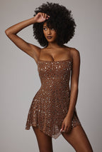 Chic Sheer Embellished Scoop Neck Mini Dress in Mocha