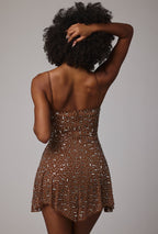 Chic Sheer Embellished Scoop Neck Mini Dress in Mocha