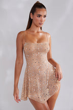 Chic Sheer Embellished Scoop Neck Mini Dress in Honey