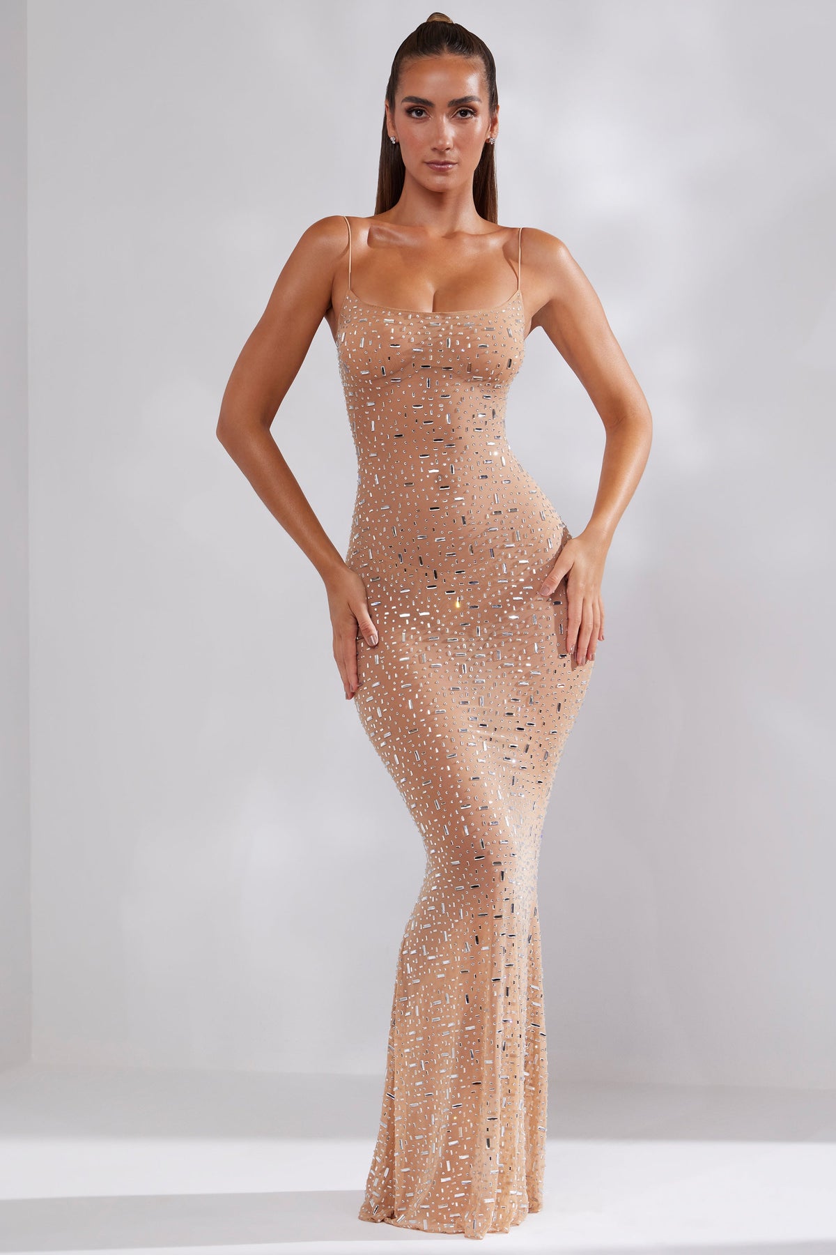 Chic Sheer Embellished Scoop Neck Evening Gown in Honey