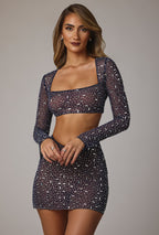 Chic Sheer Embellished V Waist Mini Skirt in Navy