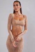 Chic Sheer Embellished Long Sleeve Crop Top in Almond