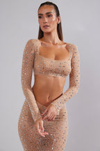 Chic Sheer Embellished Long Sleeve Crop Top in Almond