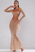 Chic Sheer Embellished Long Sleeve Crop Top in Almond