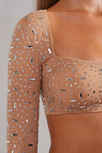 Chic Sheer Embellished Long Sleeve Crop Top in Almond