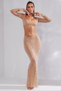Chic Sheer Embellished V-Waist Maxi Skirt in Almond