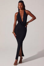 Chic Plunge Cowl Neck Floor Length Dress in Black