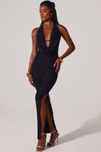 Chic Plunge Cowl Neck Floor Length Dress in Black
