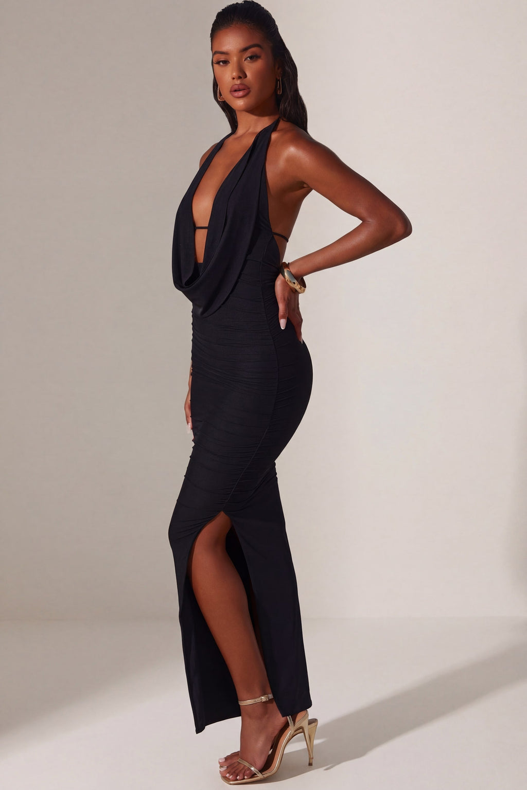 Chic Plunge Cowl Neck Floor Length Dress in Black