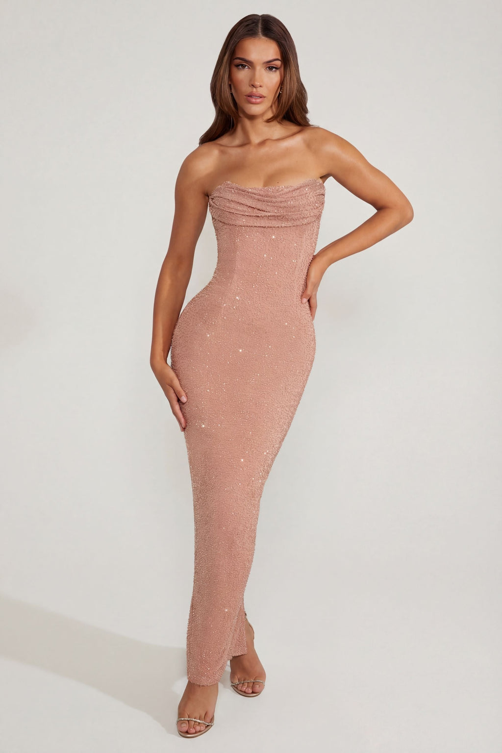 Chic Embellished Bandeau Cowl Neck Maxi Dress in Caramel