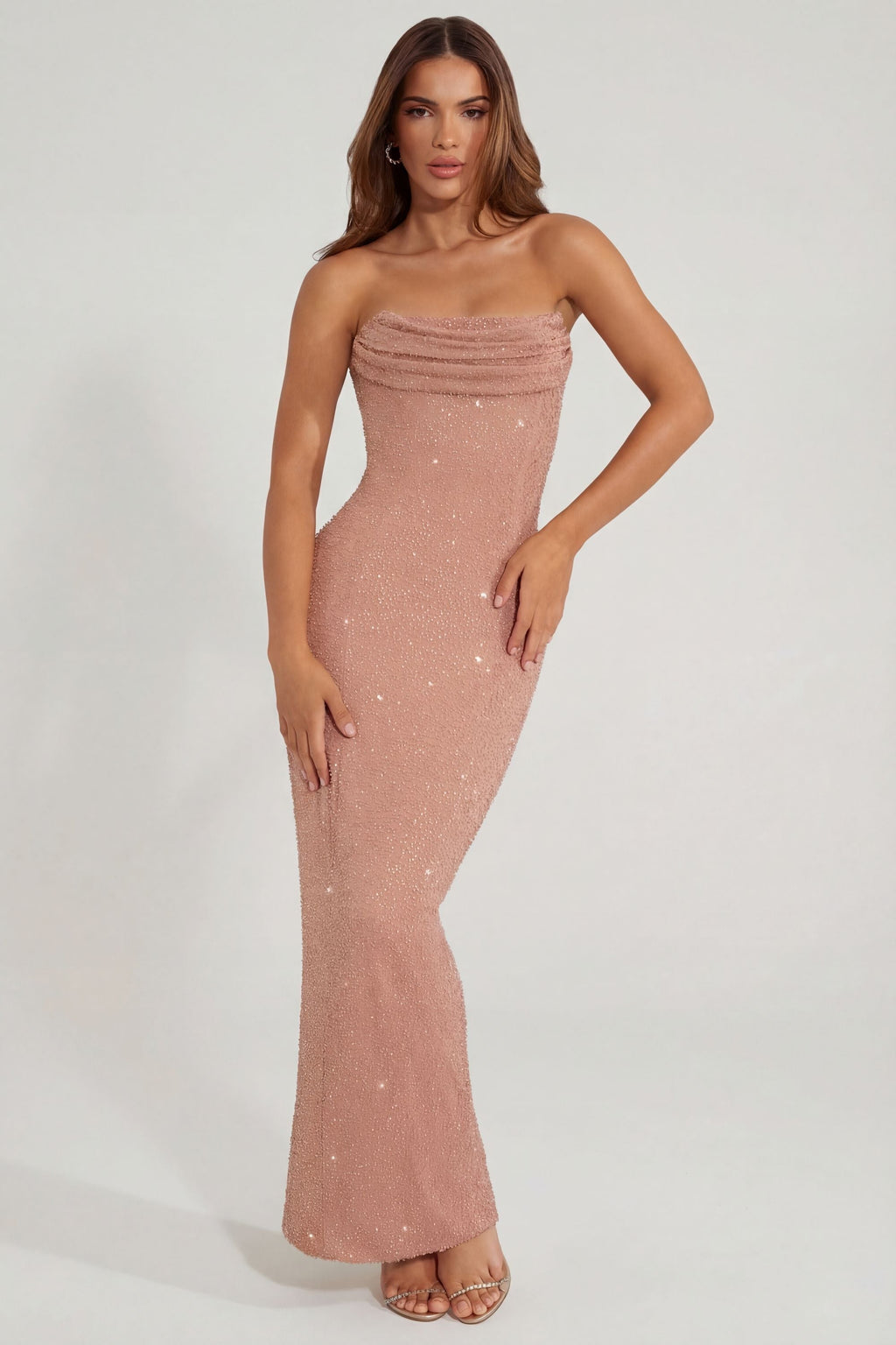 Chic Embellished Bandeau Cowl Neck Maxi Dress in Caramel