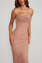 Chic Embellished Bandeau Cowl Neck Maxi Dress in Caramel