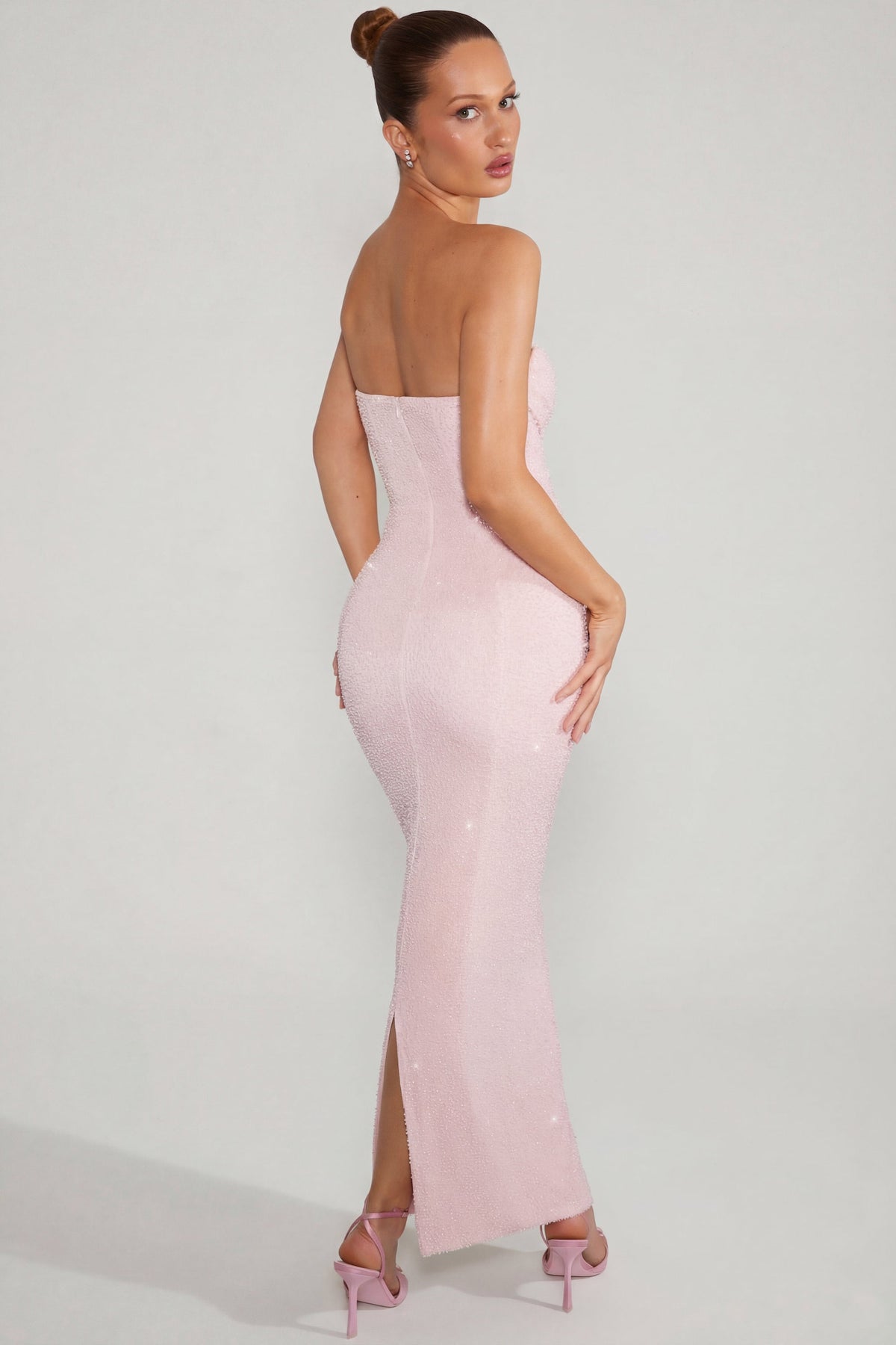 Chic Embellished Bandeau Cowl Neck Maxi Dress in Blush