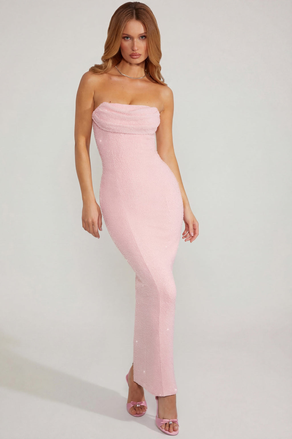 Chic Embellished Bandeau Cowl Neck Maxi Dress in Blush
