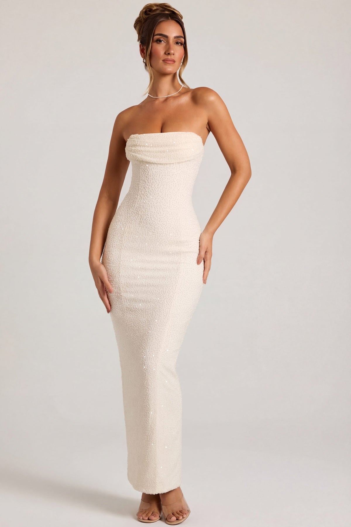 Chic Embellished Bandeau Cowl Neck Maxi Dress in Snow