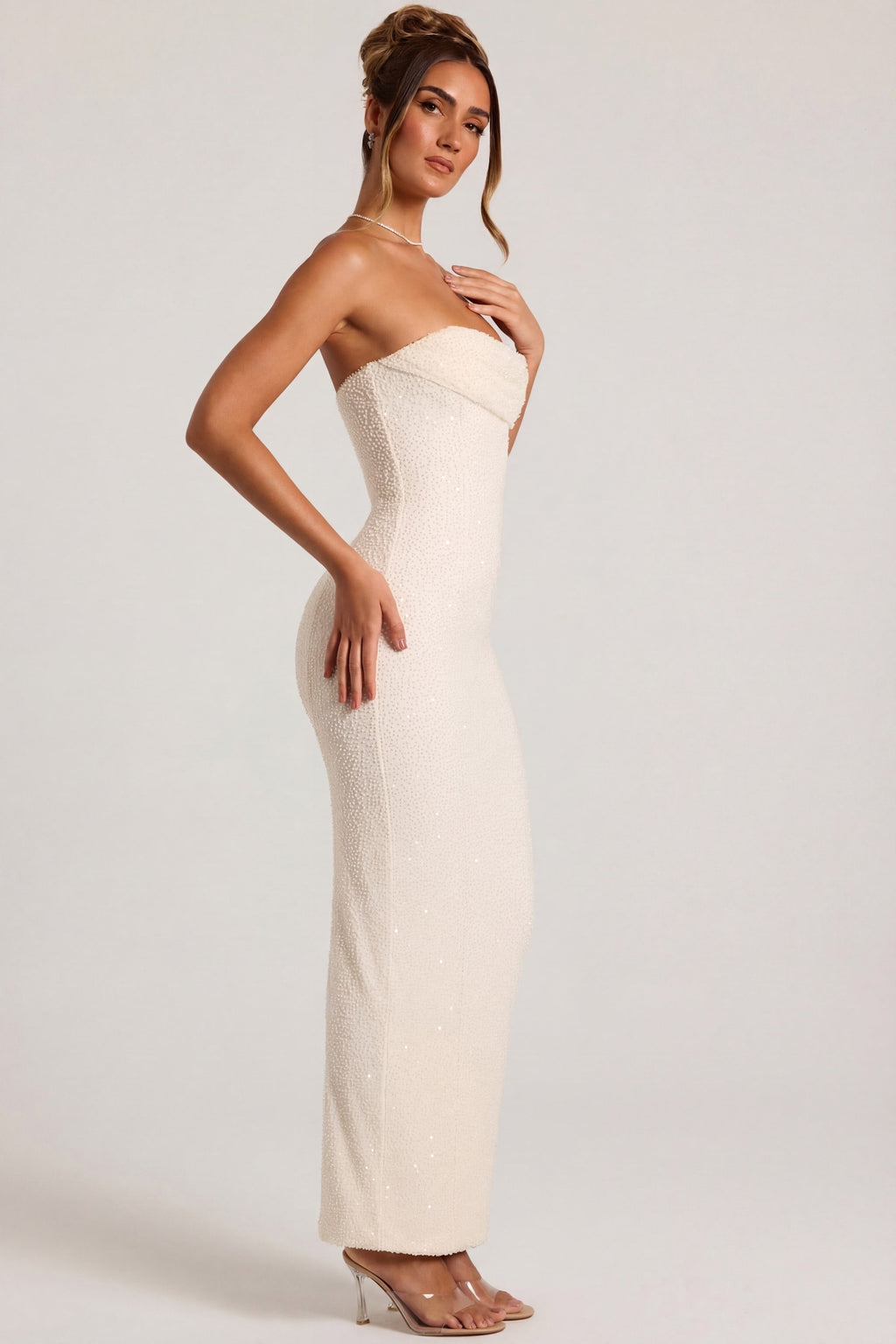 Chic Embellished Bandeau Cowl Neck Maxi Dress in Snow