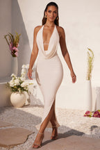 Chic Plunge Cowl Neck Floor Length Dress in Ivory