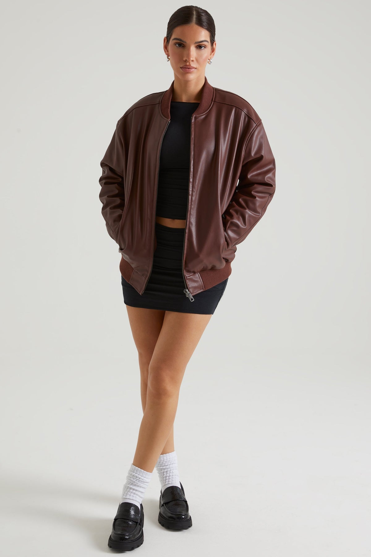 Chic Faux Leather Jacket in Brown