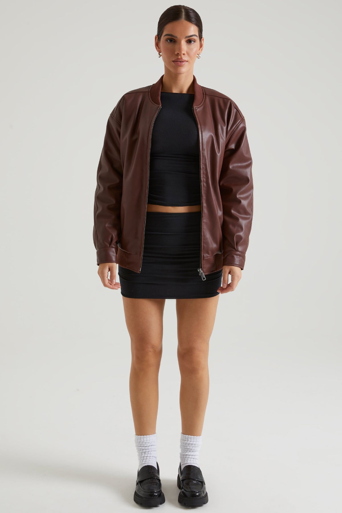 Chic Faux Leather Jacket in Brown