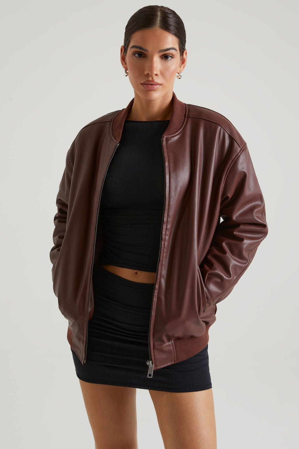 Chic Faux Leather Jacket in Brown