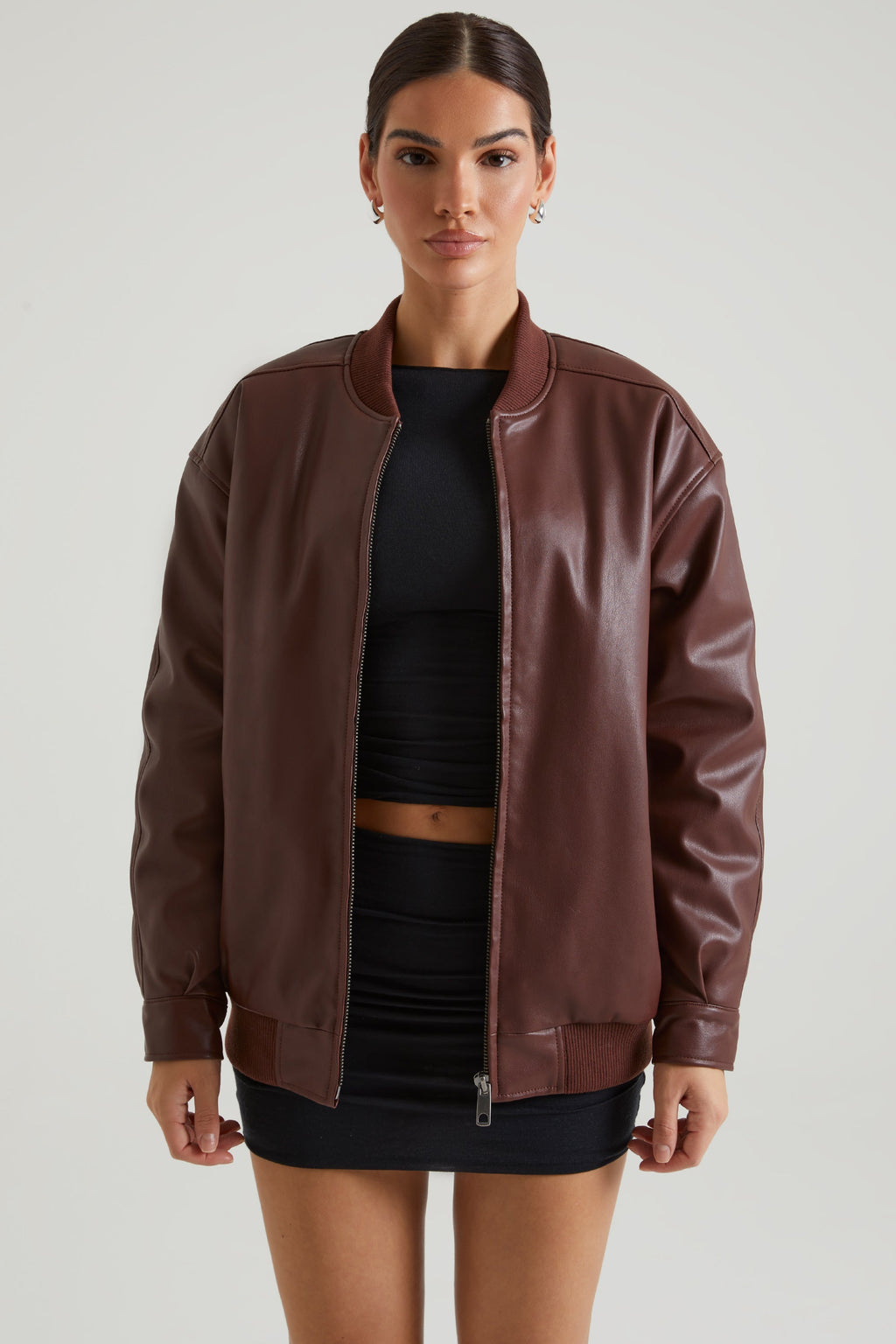 Chic Faux Leather Jacket in Brown