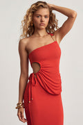 Chic Textured Jersey One-Shoulder Top in Chilli Red