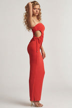 Chic Textured Jersey Low-Rise Maxi Skirt in Chilli Red