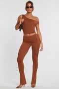 Chic Mid Rise Modal Cashmere Blend Trousers in Chestnut Brown