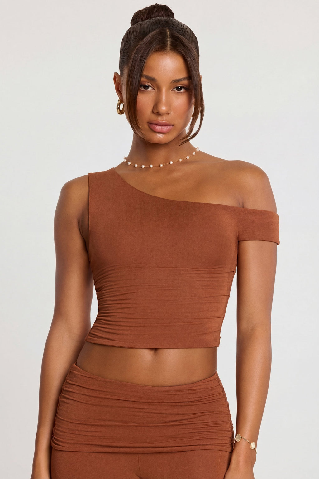 Chic Mid Rise Modal Cashmere Blend Trousers in Chestnut Brown