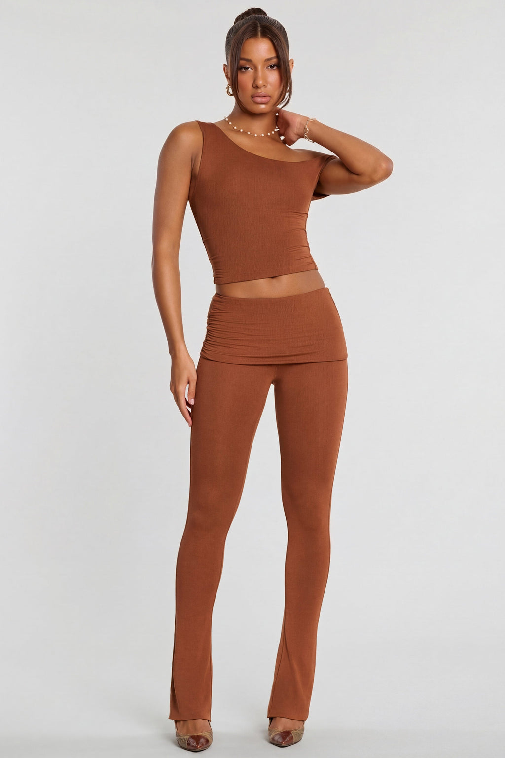 Chic Mid Rise Modal Cashmere Blend Trousers in Chestnut Brown