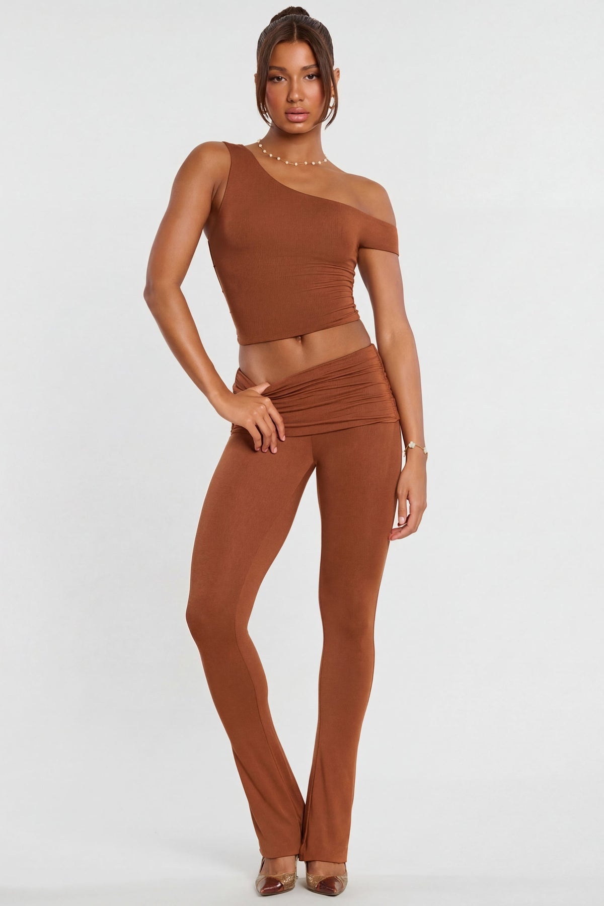 Chic Mid Rise Modal Cashmere Blend Trousers in Chestnut Brown