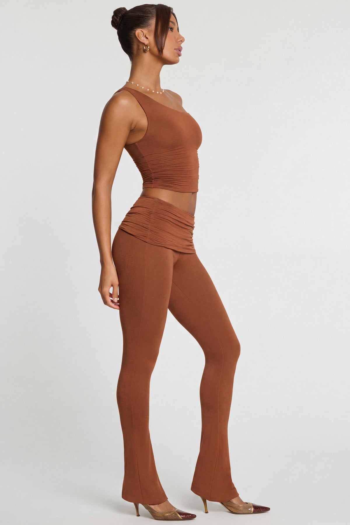 Chic Mid Rise Modal Cashmere Blend Trousers in Chestnut Brown