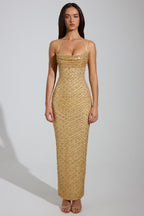 Chic Embellished Cowl-Neck Maxi Dress in Gold