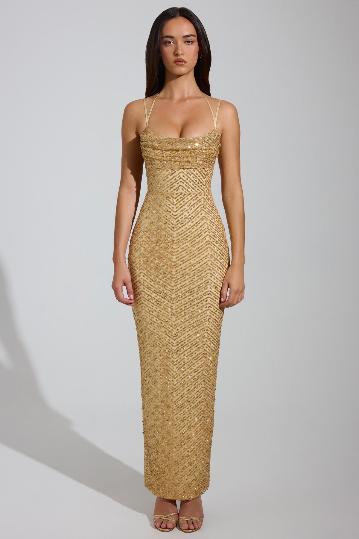 Chic Embellished Cowl-Neck Maxi Dress in Gold