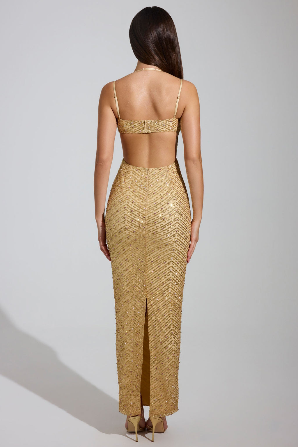 Chic Embellished Cowl-Neck Maxi Dress in Gold