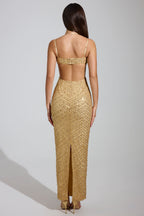 Chic Embellished Cowl-Neck Maxi Dress in Gold